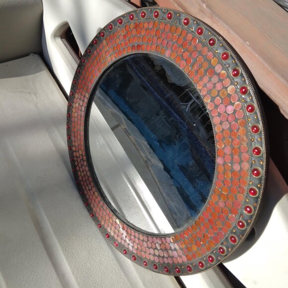 Stunning Round Red/Orange Glass Domes/Dots Mosaic Inlay Handcrafted Wall Mirror - Picture 8 of 16